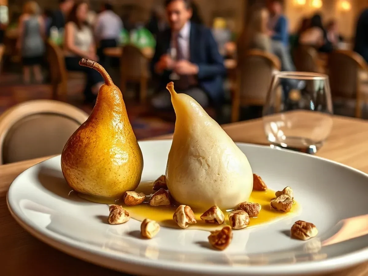 Poached pear with vanilla cream and toasted hazelnut on an ivory plate.