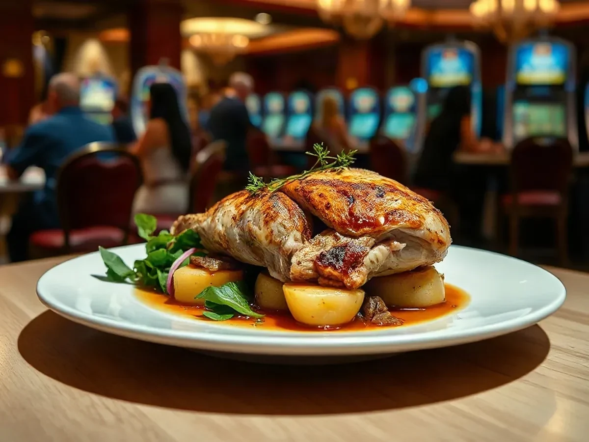 Roast chicken with tarragon jus, spring greens and golden pommes Anna on pale ceramic.