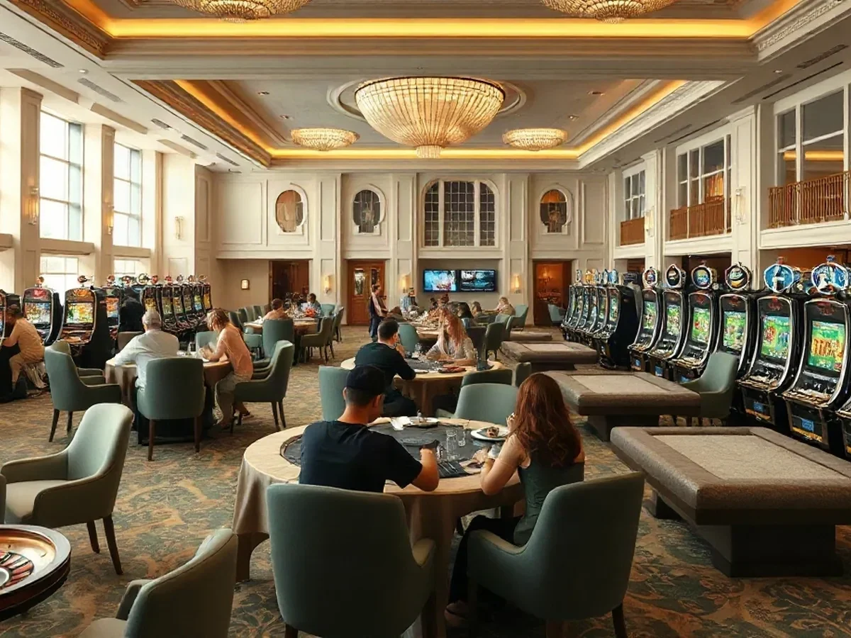 Gaming tables and slot machines across a spacious floor beneath warm light and ribbed glass.